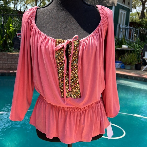 New!! Fall BoHo Sky Embellished Elastic Waist Peasant Top Salmon Pink Size M - Picture 2 of 10